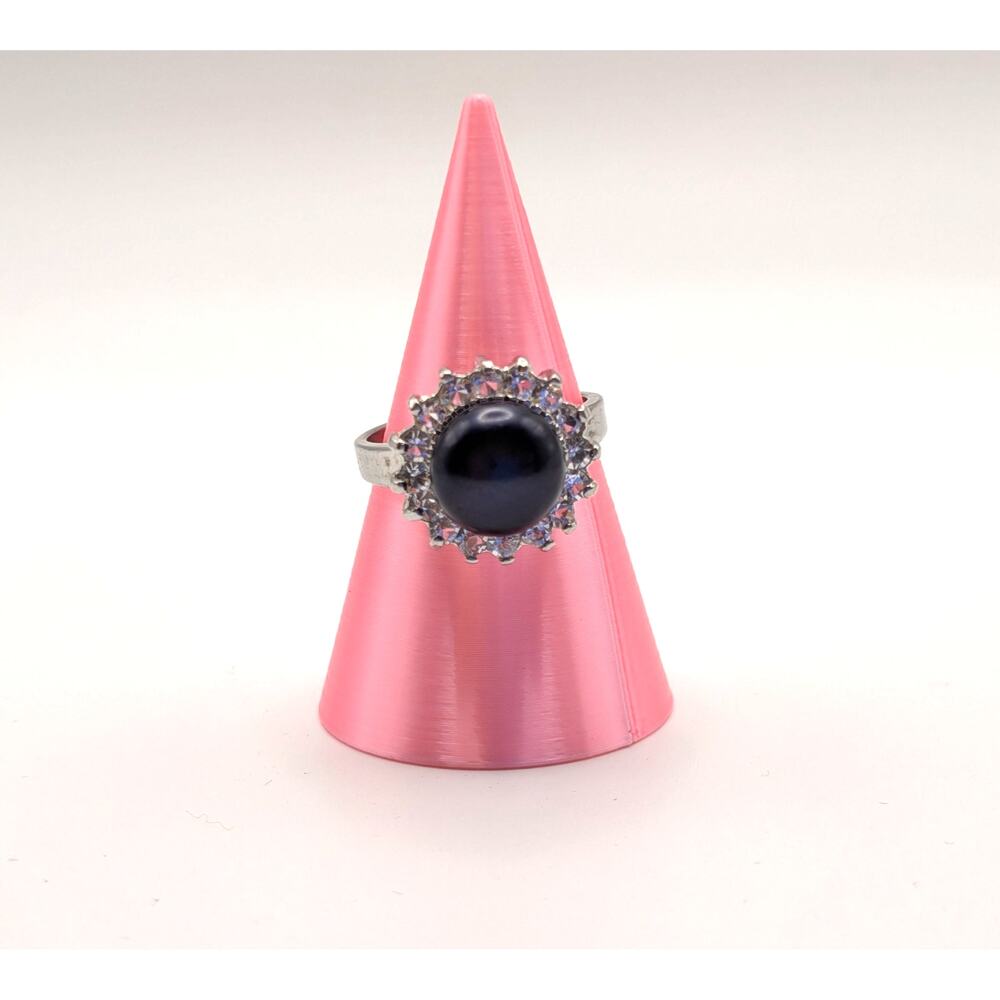 Silver Tone Faux Black Pearl CZ Halo Ring Womens Size 8  READ